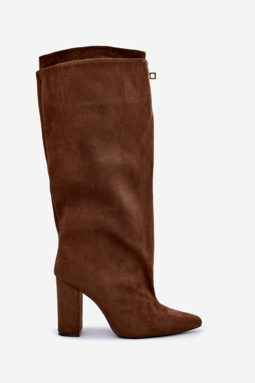 Warmen kniehohe Stiefel mit doppeltem Schaft und Absatz in brauner Farbe aus Veloursleder Luminelle