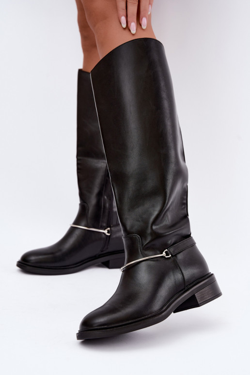 Hohe Stiefel mit breiten Absätzen und dekorativen Schleifen in schwarzer Farbe INillene
