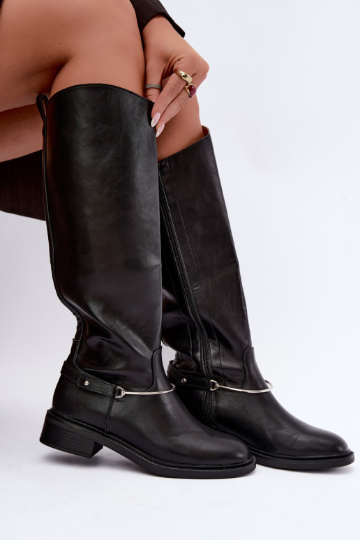 Hohe Stiefel mit breiten Absätzen und dekorativen Schleifen in schwarzer Farbe INillene