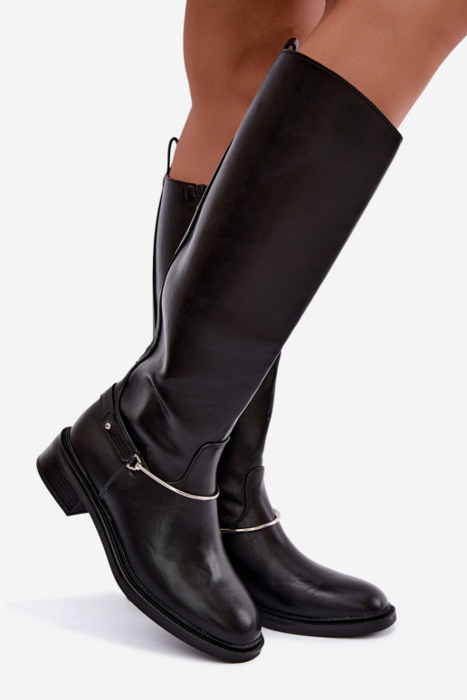 Hohe Stiefel mit breiten Absätzen und dekorativen Schleifen in schwarzer Farbe INillene