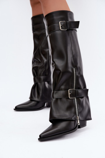 Hohe Stiefel mit Absatz und Schnürung mit Bändern und Schnallen in schwarzer Farbe Amorette 2