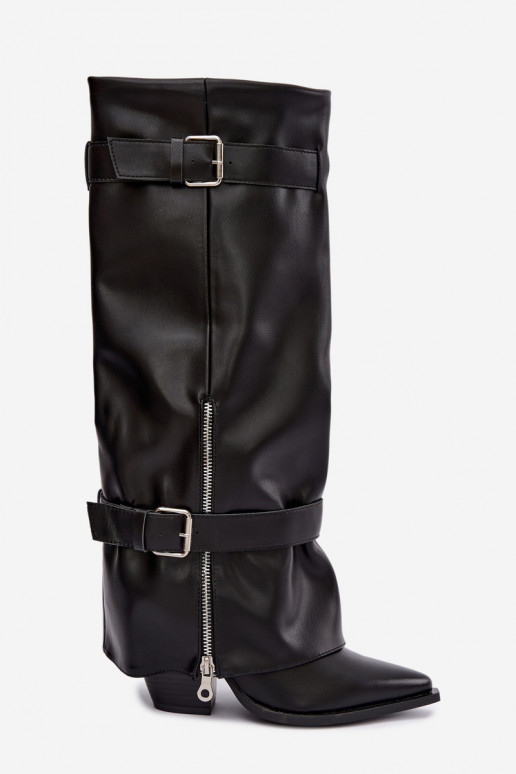 Hohe Stiefel mit Absatz und Schnürung mit Bändern und Schnallen in schwarzer Farbe Amorette
