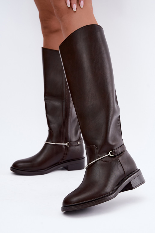 Hohe Stiefel mit breiten Absätzen und dekorativen Schleifen in Schokoladenfarbe INillene