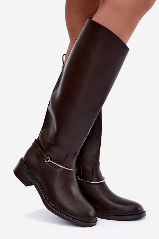 Hohe Stiefel mit breiten Absätzen und dekorativen Schleifen in Schokoladenfarbe INillene