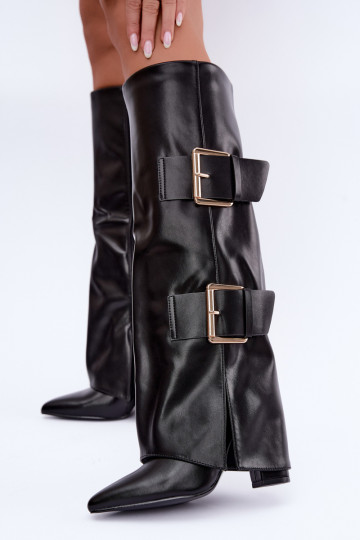 Isolierte Olympe kniehohe Stiefel mit goldenen Schnallen in Schwarz 2