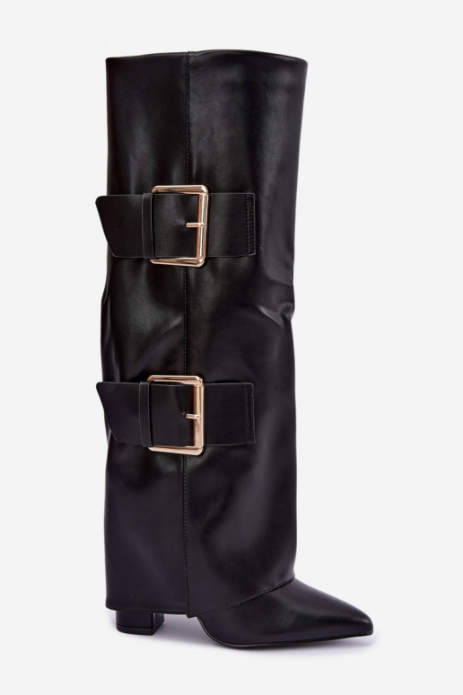 Isolierte Olympe kniehohe Stiefel mit goldenen Schnallen in Schwarz