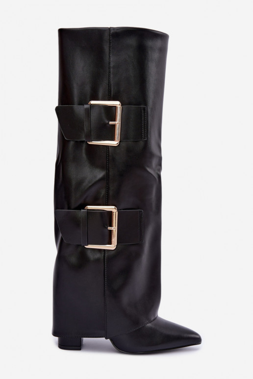 Isolierte Olympe kniehohe Stiefel mit goldenen Schnallen in Schwarz
