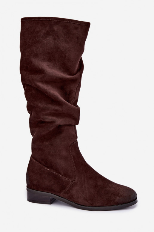 Geknautschte gefütterte Stiefel über dem Knie mit breitem Absatz in schokoladenfarbe Vinceza 58669