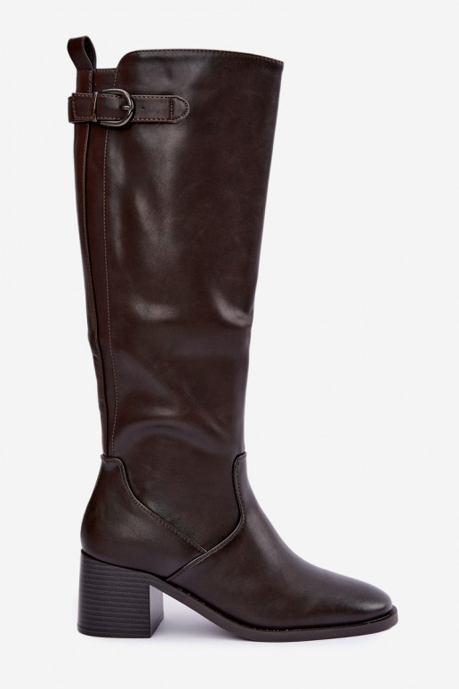 gefütterte lange Stiefel mit Absatz und Schnallen in Schokoladenfarbe Lestine