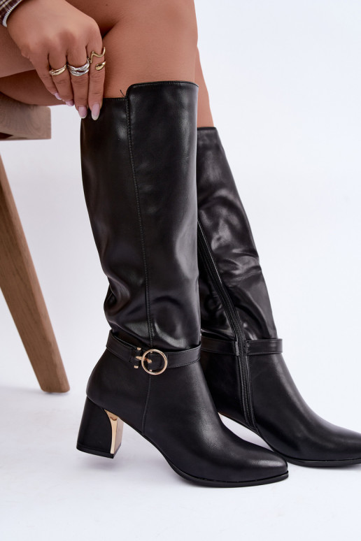 gefütterte lange Stiefel mit Absatz und verzierten Absätzen in schwarzer Farbe Senvia