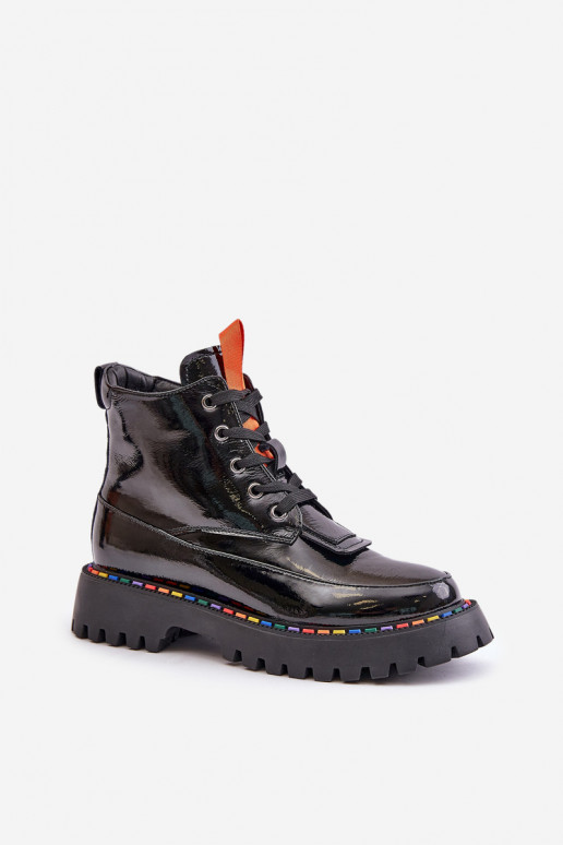 Leder Arbeitsstiefeletten mit Lackeffekt schwarz Anafra