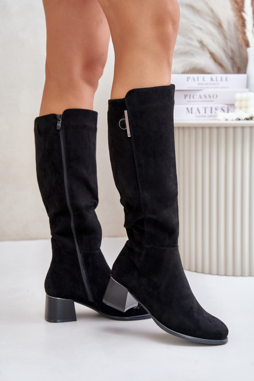 Kniehohe Stiefel mit Absatz aus Kunstveloursleder schwarz Izanae