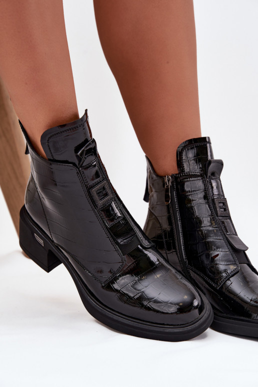 Leder Damen Stiefeletten mit geprägtem Detail schwarz Lorenza