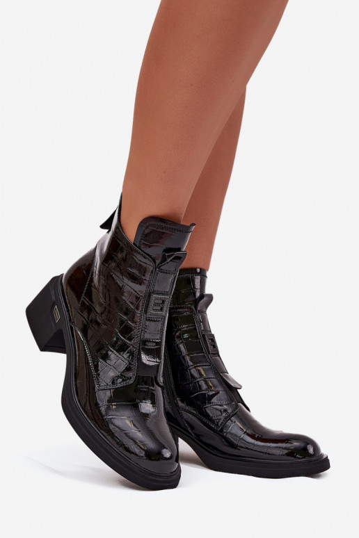 Leder Damen Stiefeletten mit geprägtem Detail schwarz Lorenza