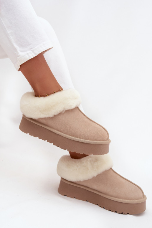 Sandfarbene Damen-Schneestiefel aus Kunstveloursleder mit Fell Mivelle