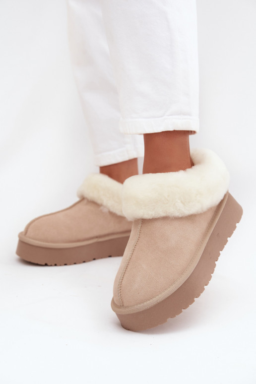 Sandfarbene Damen-Schneestiefel aus Kunstveloursleder mit Fell Mivelle