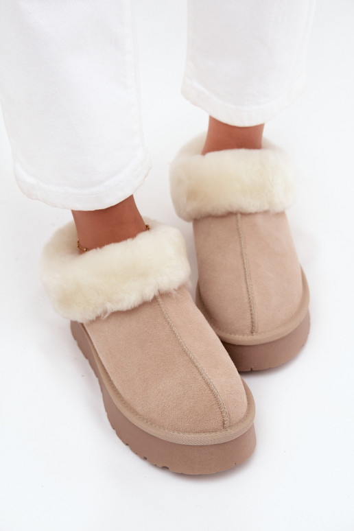 Sandfarbene Damen-Schneestiefel aus Kunstveloursleder mit Fell Mivelle