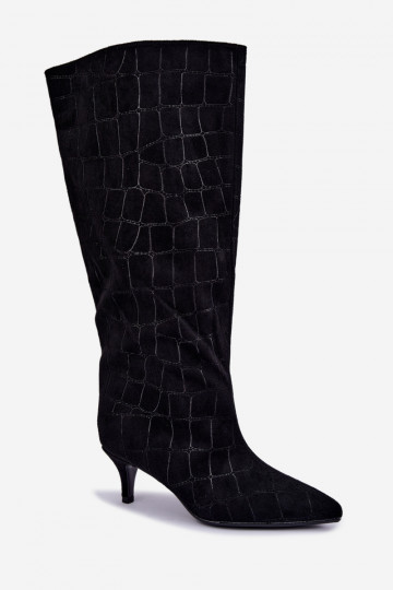 Schwarze Überknie-Stiefel zum Hineinschlüpfen mit geprägten Details und Absätzen Cazelle