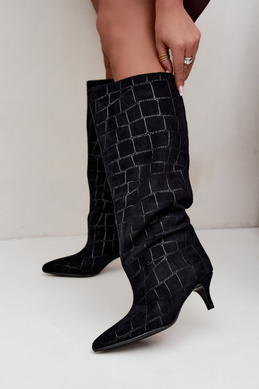 Schwarze Überknie-Stiefel zum Hineinschlüpfen mit geprägten Details und Absätzen Cazelle
