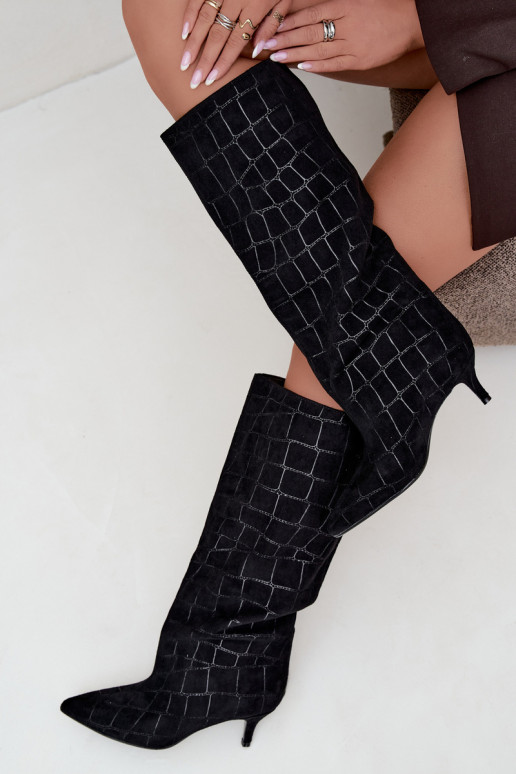 Schwarze Überknie-Stiefel zum Hineinschlüpfen mit geprägten Details und Absätzen Cazelle