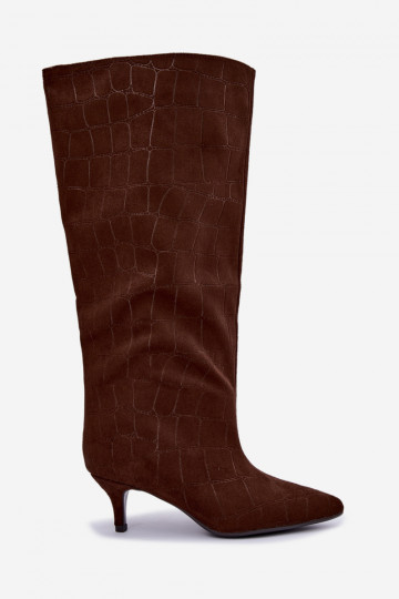 Braune Überknie-Stiefel zum Hineinschlüpfen mit geprägten Details und Absätzen Cazelle 2