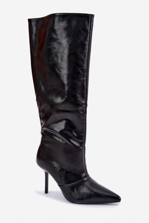 Warme Überknie-Stiefel mit dünnen Absätzen in schwarzer Farbe Fenoria