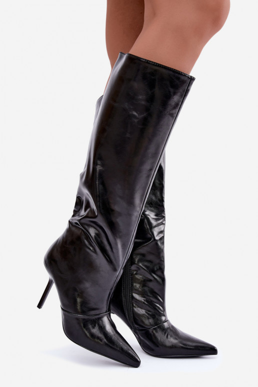 Warme Überknie-Stiefel mit dünnen Absätzen in schwarzer Farbe Fenoria