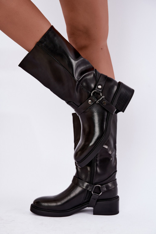 Wärmende Stiefeletten mit dekorativen Riemen in Schwarz Galdine