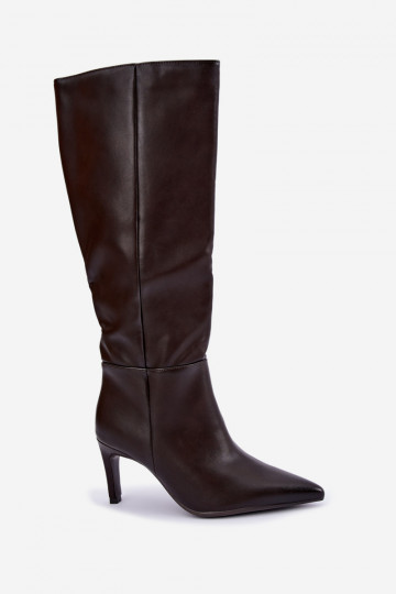 Wärmende hohe Stiefel mit Rüschen und Absätzen in Schokolade Rodeline 2