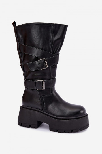 Hohe Stiefel mit Plattform und Riemen in Schwarz Delsenne