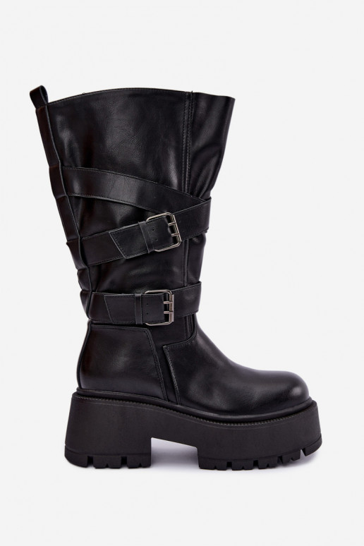 Hohe Stiefel mit Plattform und Riemen in Schwarz Delsenne
