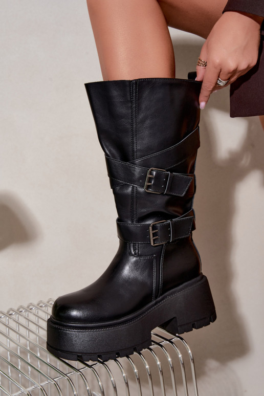 Hohe Stiefel mit Plattform und Riemen in Schwarz Delsenne