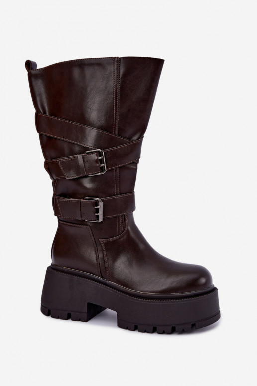 Hohe Stiefel mit Plattform und Riemen in Schokolade Delsenne
