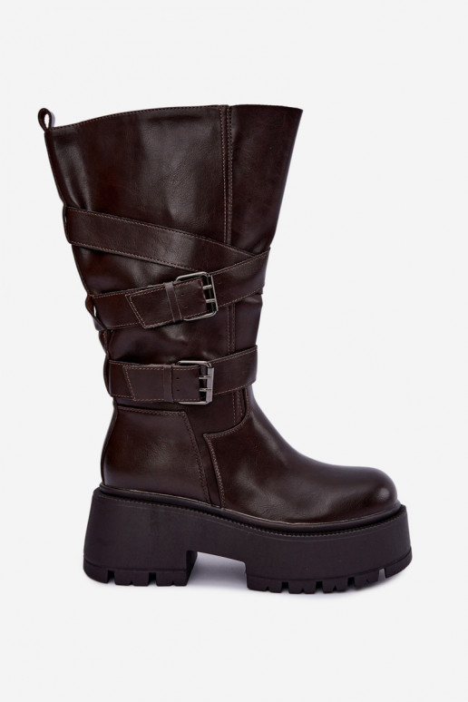 Hohe Stiefel mit Plattform und Riemen in Schokolade Delsenne