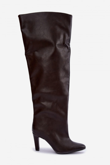 Slip-On Damen Stiefel mit spitzen Absätzen über dem Knie in Schokolade Emorine 2