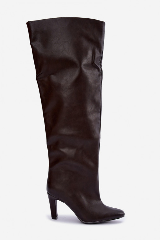 Slip-On Damen Stiefel mit spitzen Absätzen über dem Knie in Schokolade Emorine