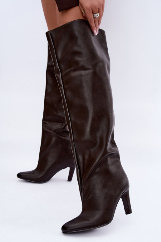Slip-On Damen Stiefel mit spitzen Absätzen über dem Knie in Schokolade Emorine