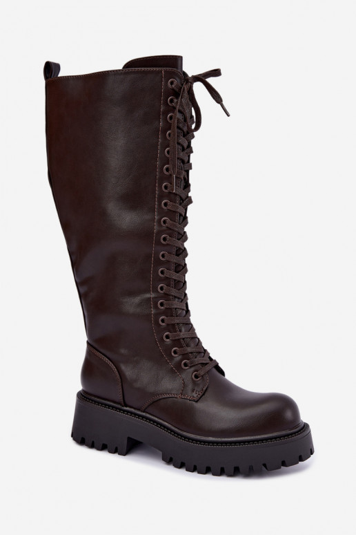 Wärmende Damen Stiefel mit Plattform und Schnürsenkeln in Schokolade Kasmina