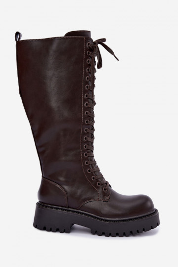 Wärmende Damen Stiefel mit Plattform und Schnürsenkeln in Schokolade Kasmina 2