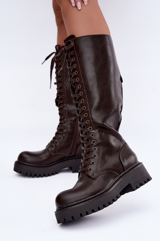 Wärmende Damen Stiefel mit Plattform und Schnürsenkeln in Schokolade Kasmina