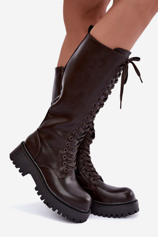 Wärmende Damen Stiefel mit Plattform und Schnürsenkeln in Schokolade Kasmina