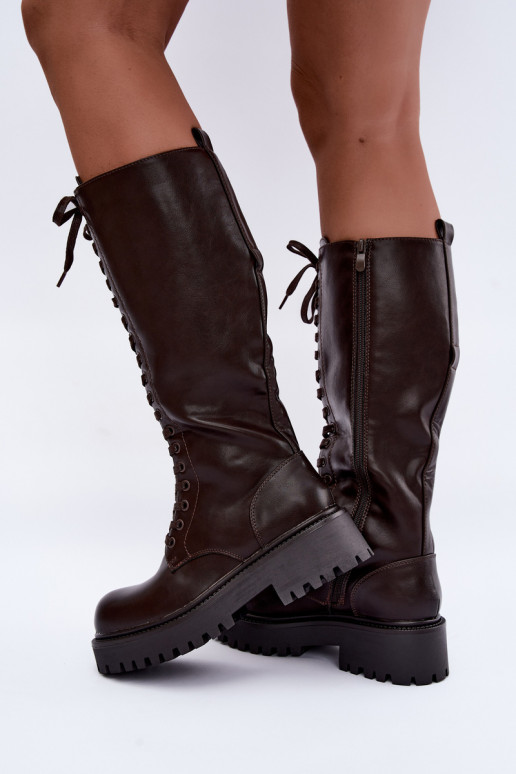 Wärmende Damen Stiefel mit Plattform und Schnürsenkeln in Schokolade Kasmina