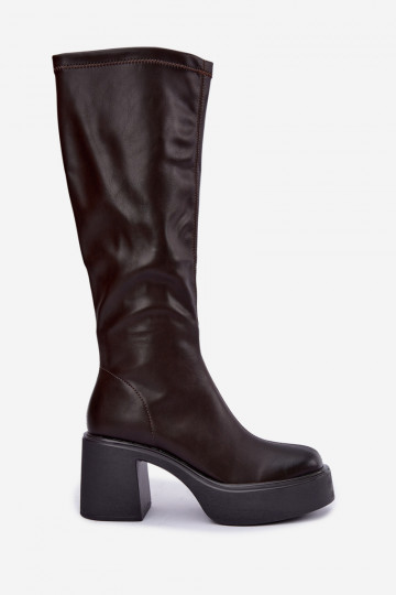 Damenstiefel bis zum Knie mit Plateau und Absätzen aus Kunstleder in Schokoladenfarbe Nesalie 2