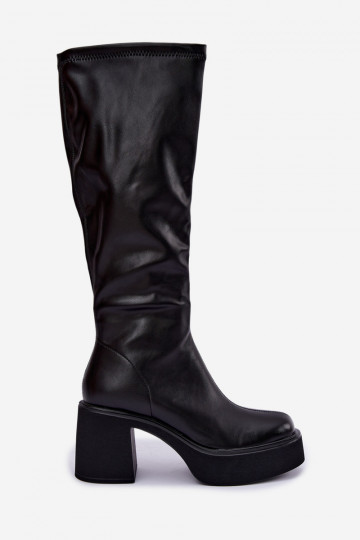 Damenstiefel bis zum Knie mit Plateau und Absätzen aus schwarzem Kunstleder Nesalie 2