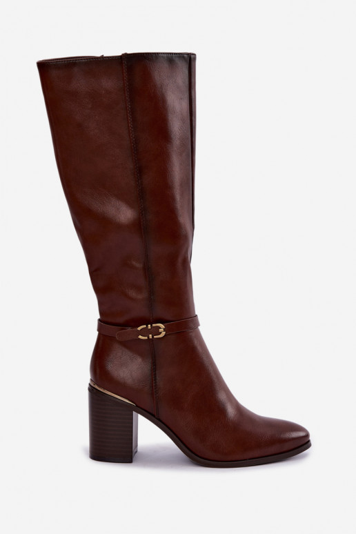 Damen gefütterte Stiefel bis zum Knie mit verzierten Absätzen in Braun Sergio Leone KZ-08