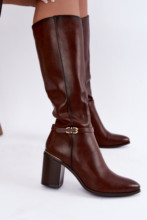 Damen gefütterte Stiefel bis zum Knie mit verzierten Absätzen in Braun Sergio Leone KZ-08