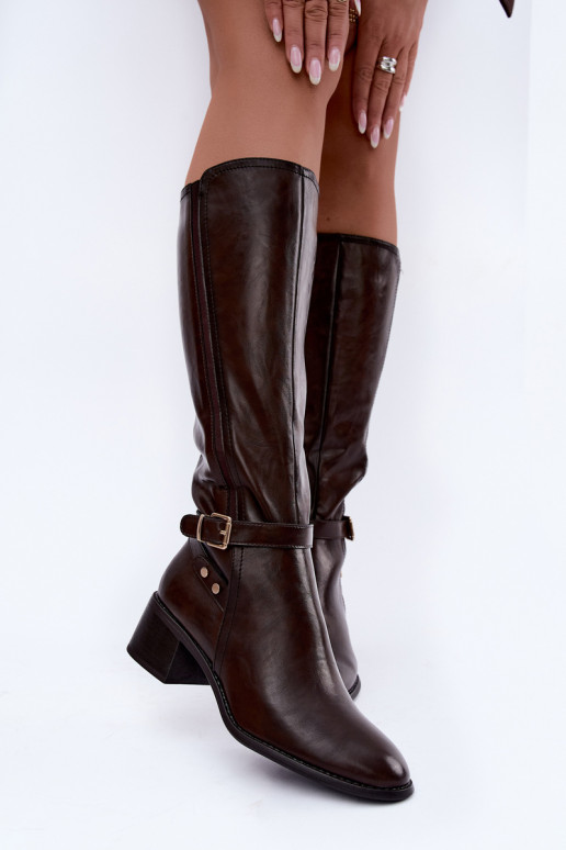 Damenstiefel bis zum Knie mit Schnallen in Schokoladenfarbe Sergio Leone KZ-07
