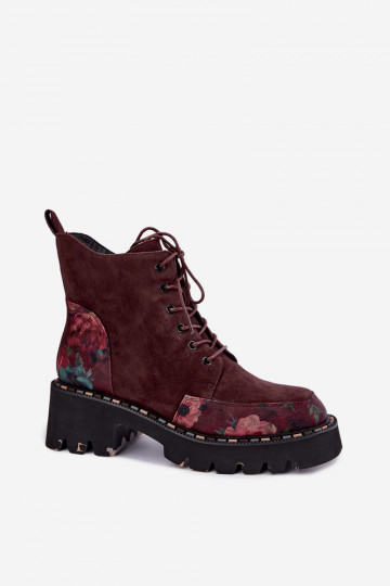 Bordeaux gefütterte Velourslederstiefel mit Schnürung und Blumenmotiven Artiker 59C0248