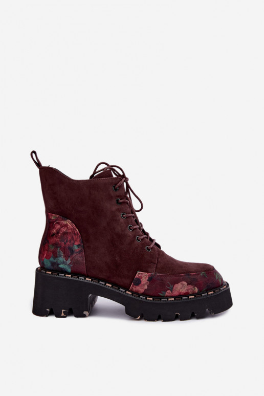 Bordeaux gefütterte Velourslederstiefel mit Schnürung und Blumenmotiven Artiker 59C0248
