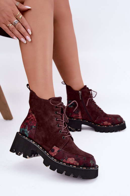 Bordeaux gefütterte Velourslederstiefel mit Schnürung und Blumenmotiven Artiker 59C0248